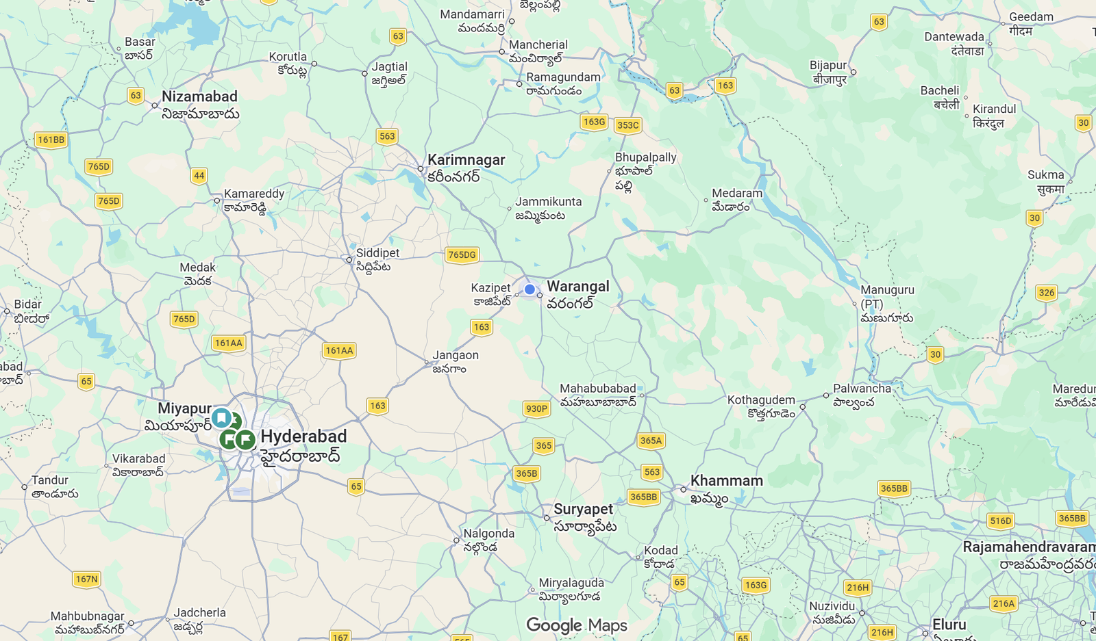 Regional map view representing Telangana, India